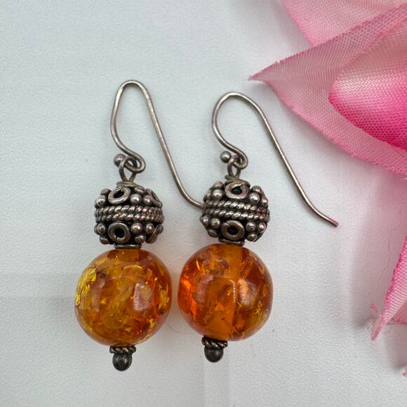 Bali Style Amber Chunk & Silver Bali Style Bead Dangle Earrings Acid UV Tested - Picture 6 of 12